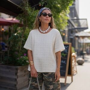 90s Eyelet Blouse Oversized Long Short Sleeve Plaid Cream Off-White